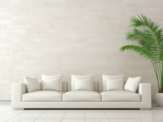 Fototapeta premium a white couch with pillows in front of a plant