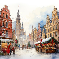 Naklejka na ściany i meble watercolor painting of a christmas market in the old town
