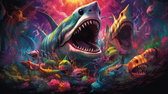 Illustration of Sharks in Colorful Neon Color Scheme