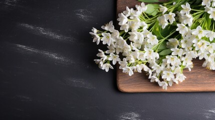 a bunch of white flowers on a wooden board