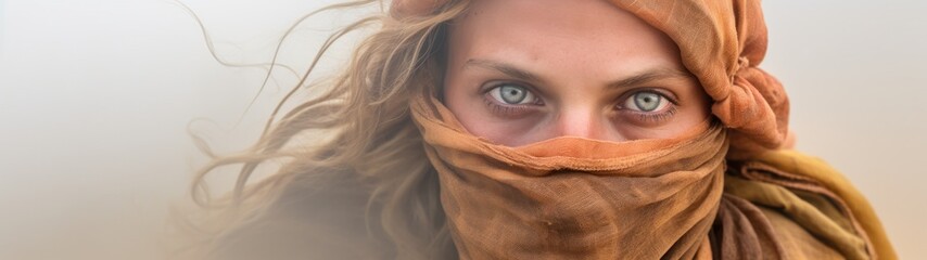 a woman with blue eyes and a scarf over her face
