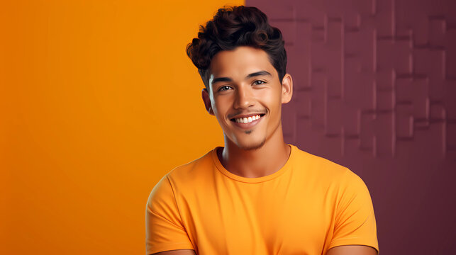 Handsome Young Man; Happy, Laughing, Smiling, Orange Background