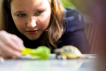 Teenage girl and her pet tortoise in the garden