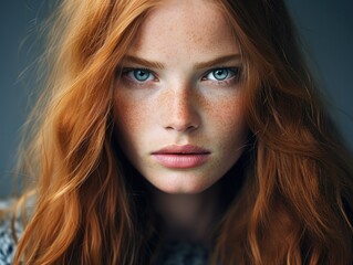 a woman with red hair and freckles - obrazy, fototapety, plakaty