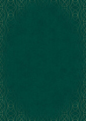 Dark cold green textured paper with vignette of golden hand-drawn pattern. Copy space. Digital artwork, A4. (pattern: p10-1f)