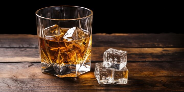 a glass of whiskey and ice cubes