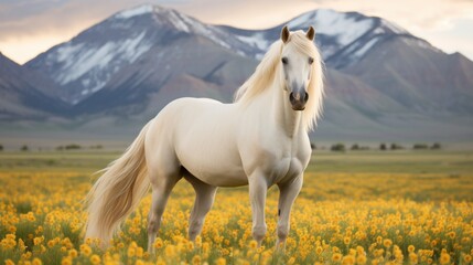 a white horse standing in a field of yellow flowers