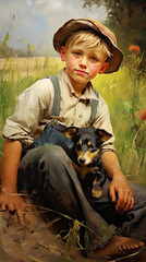 Obraz premium a farmer boy holding a little dog, figurative painter, fineart, oldschool, vintage.