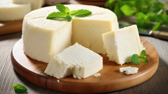 a cheese on a wooden plate