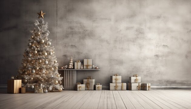 Backdrop for studio photo, christmas tree and gifts on silver grey background