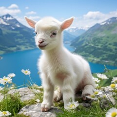 a baby goat on a rock with flowers and mountains in the background