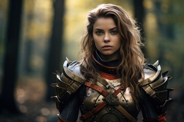 Naklejka premium a woman in armor in the woods