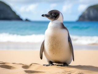 a penguin standing on sand