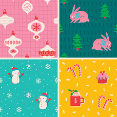 Christmas set of seamless patterns, hand drawn style - cute objects, snowmen, bunny, candy cane, baubles and other elements.