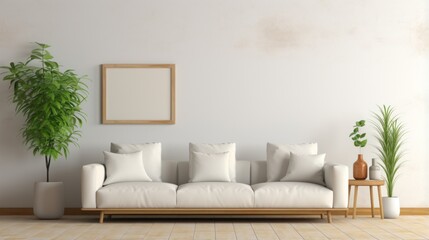 a white couch with pillows in front of a white wall