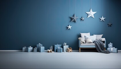 Backdrop for studio photo, christmas tree and gifts on blue background