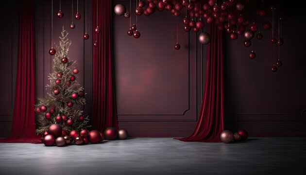 Backdrop for studio photo, christmas tree and gifts on burgundy background