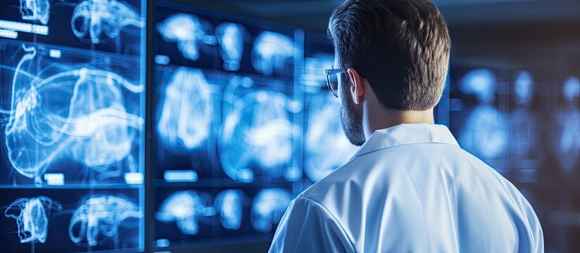 Doctors examine a Brain MRI and discuss it in a Tomography service With copyspace for text