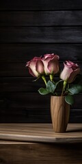 a group of pink roses in a wooden vase