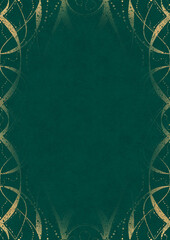 Fototapeta premium Dark cold green textured paper with vignette of golden hand-drawn pattern. Copy space. Digital artwork, A4. (pattern: p10-4d)