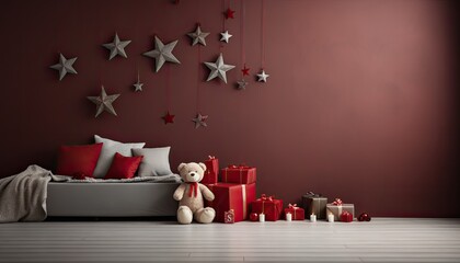 Backdrop for studio photo, christmas tree and gifts on burgundy background