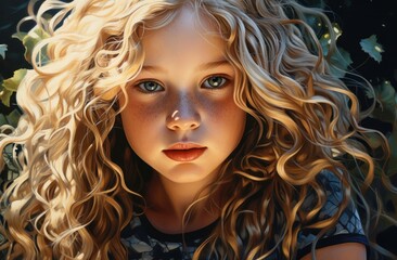 Fototapeta premium a girl with long curly hair and freckles
