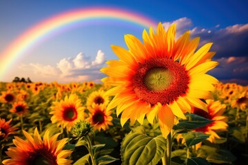 Obraz premium a rainbow in the sky over a field of sunflowers