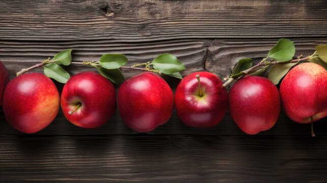 a row of apples on a wood surface
