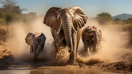 Foto op Aluminium Wild elephant behavior, featuring mud baths and protective mothers with their calves. Generative AI © Godam