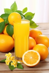 a glass of orange juice next to oranges