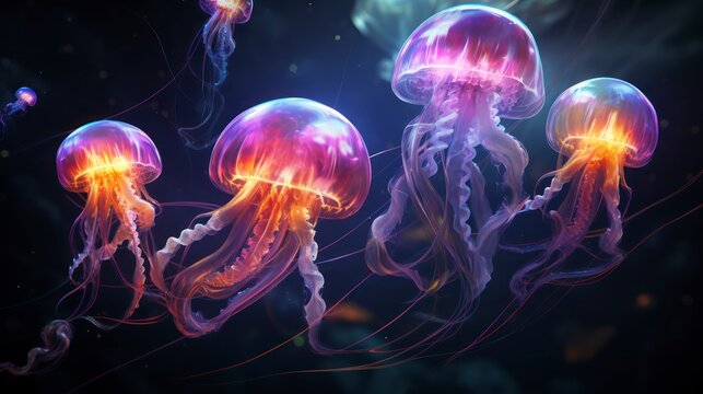 Mysterious deep-sea creatures, featuring glowing jellyfish and elusive deep-sea fish. Generative AI