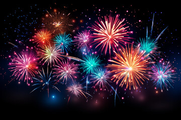 Fototapeta premium Vibrant Fireworks Illuminating the Night Sky, New Year's Celebration in Full Swing