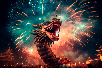 Dragon Explosive Festive Splendor. Vibrant Fireworks Illuminate the Chinese New Year Tradition. - obrazy, fototapety, plakaty