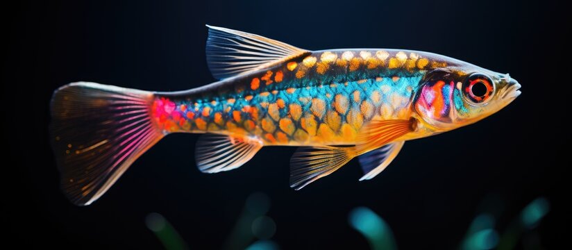 The freshwater fish Danio margaritatus is commonly known as rasbora galaxy or Microrasbora Galaxy in aquariums Aquascaping photography highlights its celestial appearance With copyspace for 