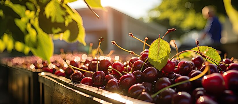 Harvesting cherries in an industrial orchard gathering freshly picked lapins and sweet raw black cherries with boxes full and grass in the background With copyspace for text