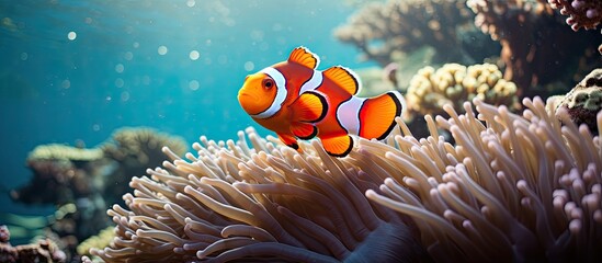 Naklejka na ściany i meble False Clownfish family on a coral reef in the Andaman Sea With copyspace for text