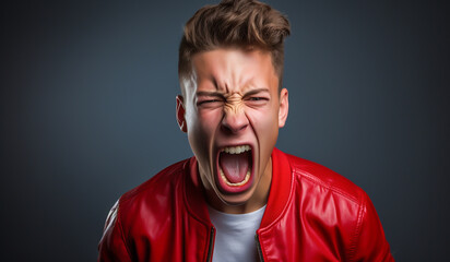 Fototapeta premium Teenager boy screaming in protest sign, isolated on colorful studio background. Ai generated