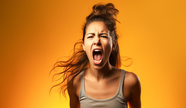 Teenager girl shouting in sign of protest, isolated on colorful studio background. AI generated
