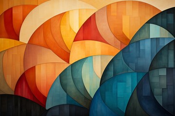 Colorful abstract background with circles, squares, lines, and curves.