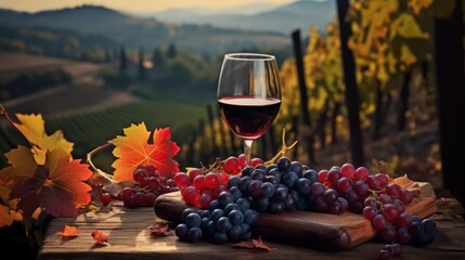 Naklejka premium Captivating Red Wine and Grapes Table by a Vineyard, Embrace the Richness of the Harvest Season. Generative AI