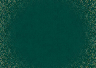 Dark cold green textured paper with vignette of golden hand-drawn pattern with golden glitter splatter. Copy space. Digital artwork, A4. (pattern: p10-1c)