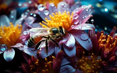 Naklejka premium The vibrant and intricate details of flowers, with dew-kissed petals and bees collecting pollen. Generative AI