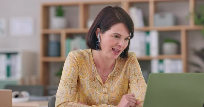 Woman, laptop or online meeting for company, office or discussion to plan, strategy or network. Mature manager, virtual conversation or startup, feedback and video call for employee, job and webinar