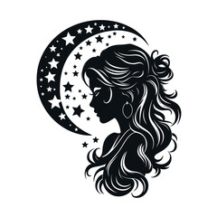 Silhouette Mondgöttin mit Sternen in schwarz-weiß vektor