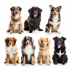 A photography of a group of dogs isolated on white background