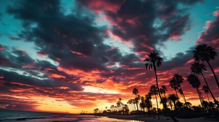 The Mesmerizing Mingle of Palms and Painted Clouds. Generative AI - obrazy, fototapety, plakaty