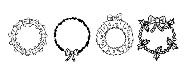 Set of different drawn Christmas wreaths on white background