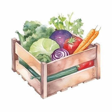 Wooden box with vegetables watercolor isolated on white