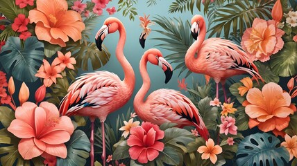 Tropical flowers, plants, leaves and flamingos pattern