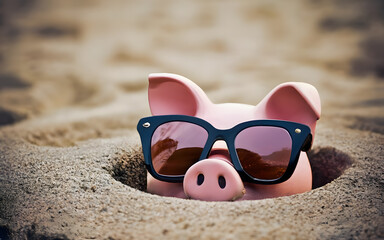 Piggy bank wearing sunglasses at the beach for money saving wealth concept - Powered by Adobe